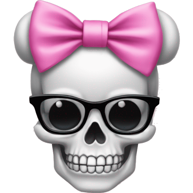 Girly Skull with black nerd glasses and pink bow on top of skull emoji