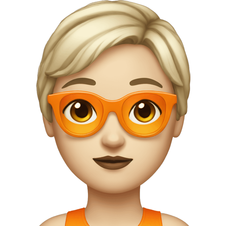 White girl with really short bangs which above the eyebrow and short hair wearing orange sunglasses emoji