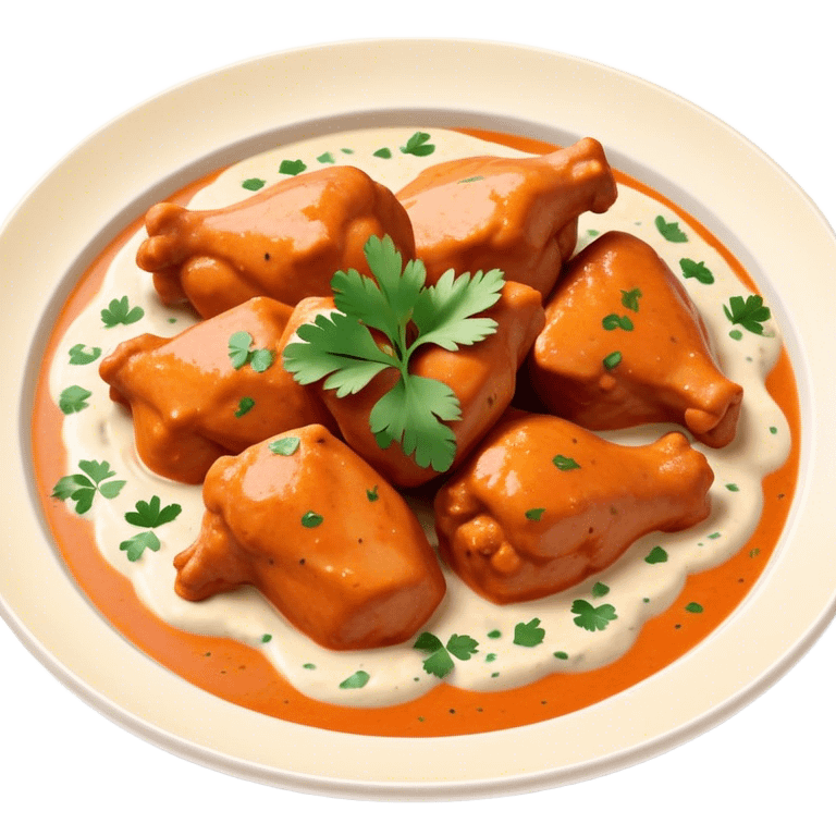 Butter Chicken Cinematic Realistic Butter Chicken Dish Emoji, depicted as tender chicken pieces sliced up and bathed in a creamy white sauce garnished with fresh cilantro, rendered with rich textures and vibrant, appetizing lighting. emoji