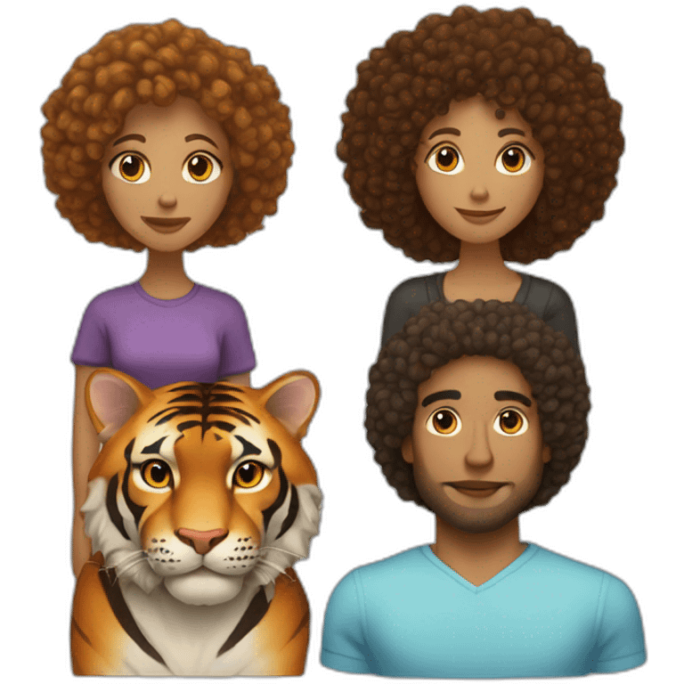 couple with white man with long curly hair and mixed race woman with afro cut and a tiger cat seat emoji