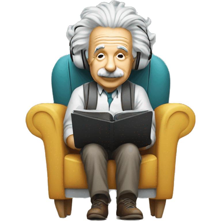 albert einstein happy listening music with wireless headphones while sitting on the chair emoji