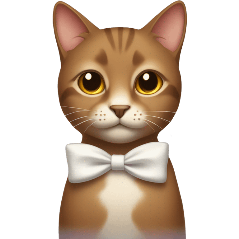 Brown cat with a white bow around the neck and light brown eyes emoji