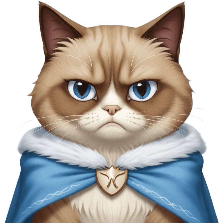 Cinematic Meme-Worthy Grumpy Brown Mantle Snowshoe Cat Portrait Emoji, Head held high but eyes filled with dramatic disappointment, soft brown fur draped like a cape, white paws planted firmly in defiance, signature grumpy cat frown perfectly etched on its face, icy-blue eyes radiating pure disapproval, Simplified yet hilariously over-exaggerated features, highly detailed, glowing with an aura of supreme annoyance, high shine, exhausted yet judgmental, stylized with an almost regal pettiness, bright but brooding, soft glowing outline, capturing the essence of a feline that has seen it all and is thoroughly unimpressed, so meme-worthy it feels like it could instantly become the next viral sensation of grumpiness! emoji