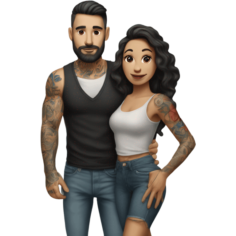 Hyper Realistic beautiful woman in the arms of a very handsome tattooed man walking  emoji