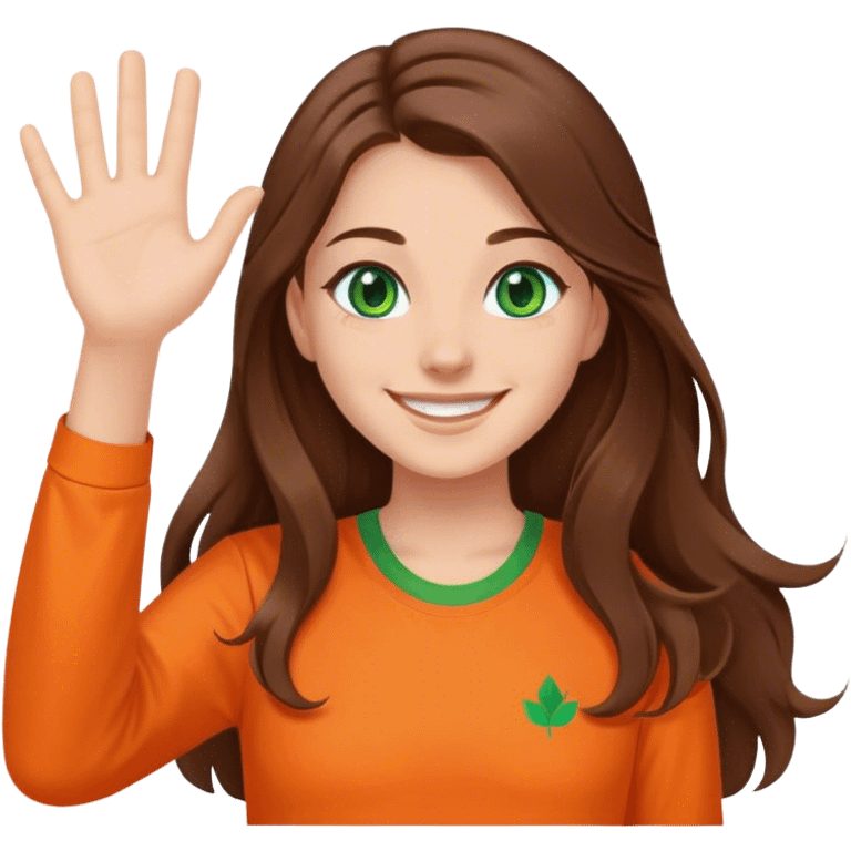 smiling girl with long brown hair, middle hair split, waving, green eyes, orange shirt emoji