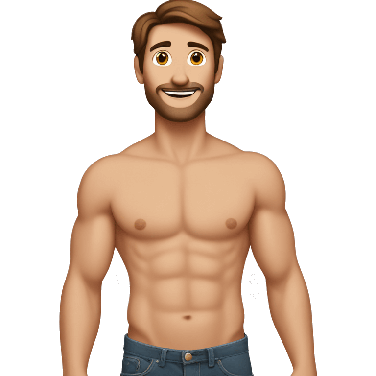 guy with brown hair shirtless holding wiener dog ￼ emoji