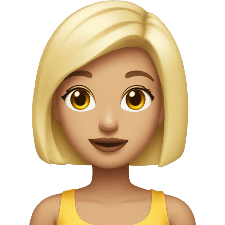 Girl with blonde bob cut in a mid part, olive eyes, pale pink lips, wearing a yellow tube top emoji