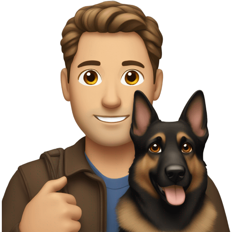 Brown hair man with brown eyes holding German shepherd dog emoji