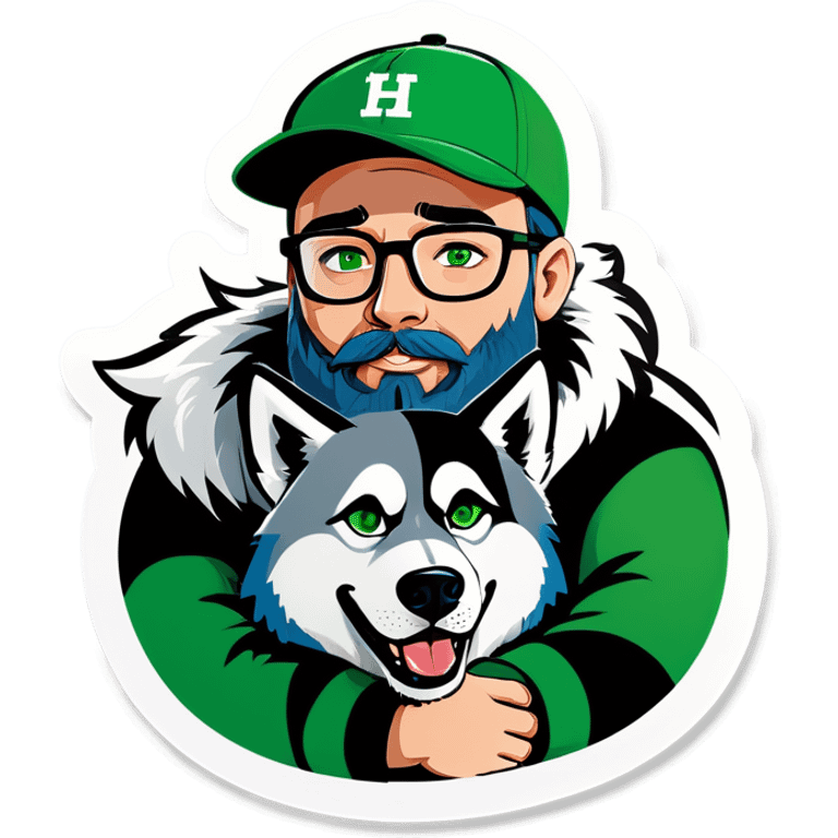 A bold man with a grey baseball cap, green eyes, big beard and glasses hugging a husky emoji