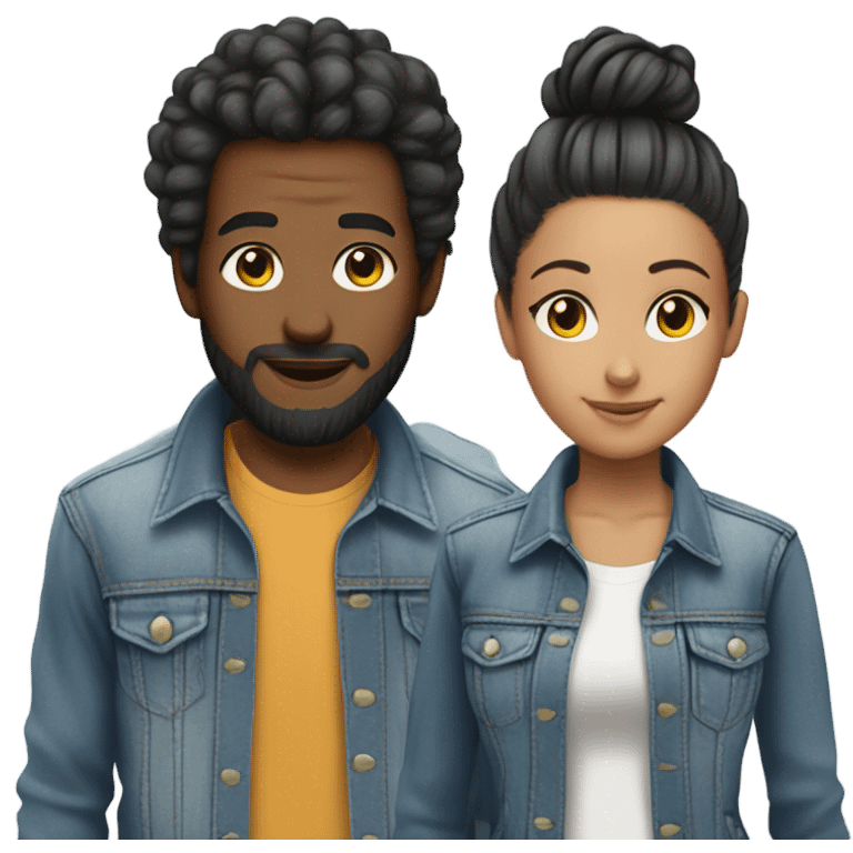 cool couple in denim jackets guy with man bun emoji