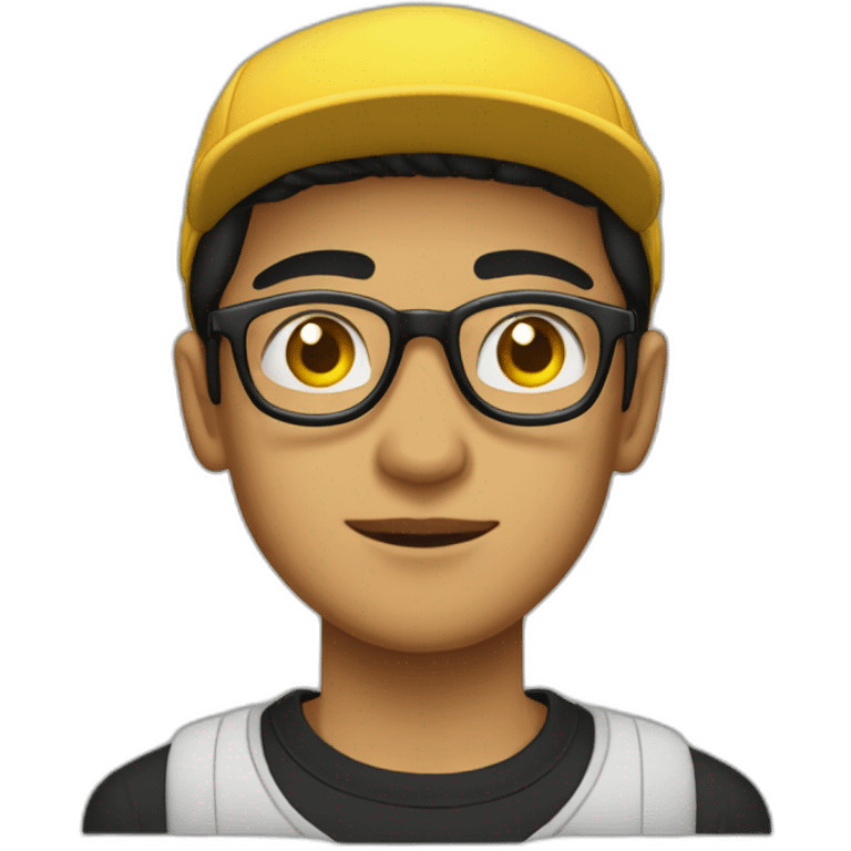 a light skin Pakistani teenager, wearing round glasses, short moustache, black hair, black jumper/sweater, structured manly face, yellow brimless cap emoji