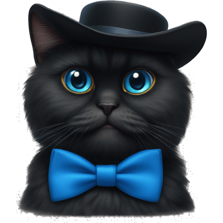 a black persian cat with a tophat and blue bow tie emoji