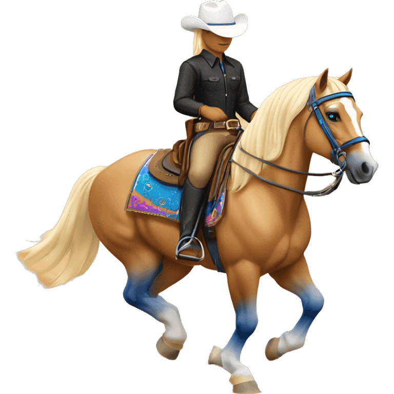 A palomino horse with a white blaze over its left eye , blue leg guards, and a western saddle with a colorful pad, ridden by a rider in a black blouse, white hat and beige chaps, making sliding stops with lots of sand.  emoji