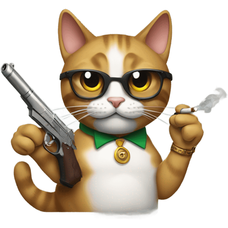 a cat with a gun, and is also smoking a cigar emoji