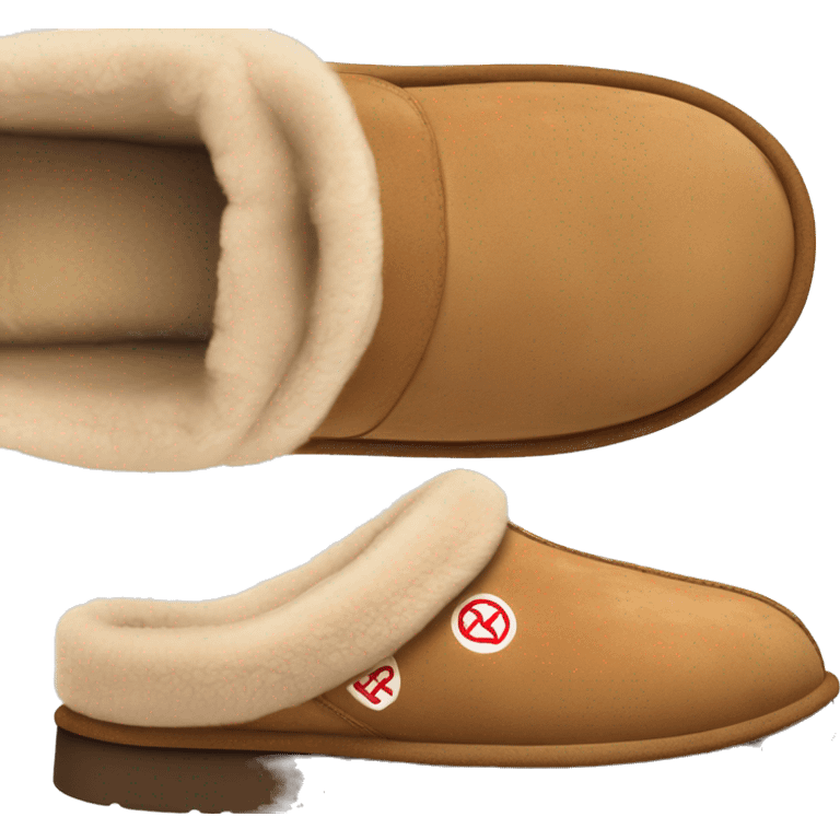 Ugg Camel slip-on slippers. A thin red zig-zag stitch only encircling ankles, VERY chunky platform sole. emoji