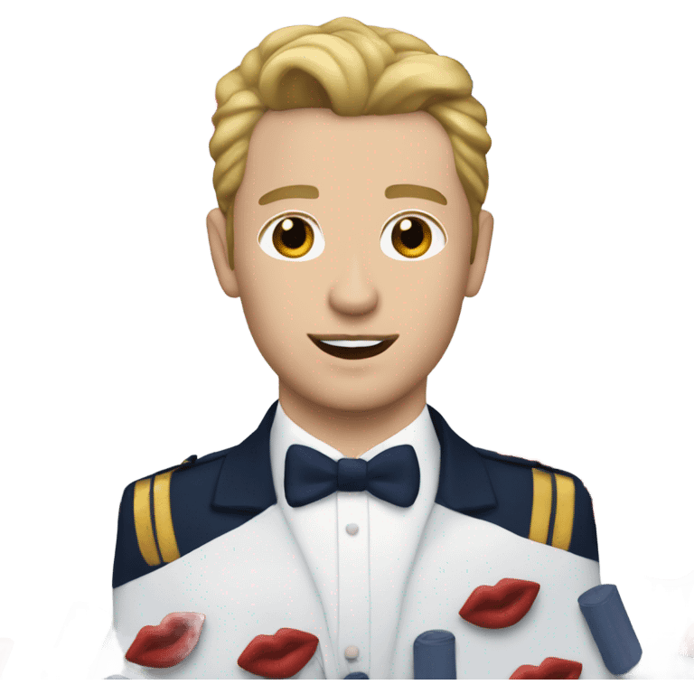 A white  man with red lipstick wearing a navy outfit  emoji