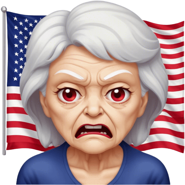 upside down American flag background with  angry old woman in front emoji