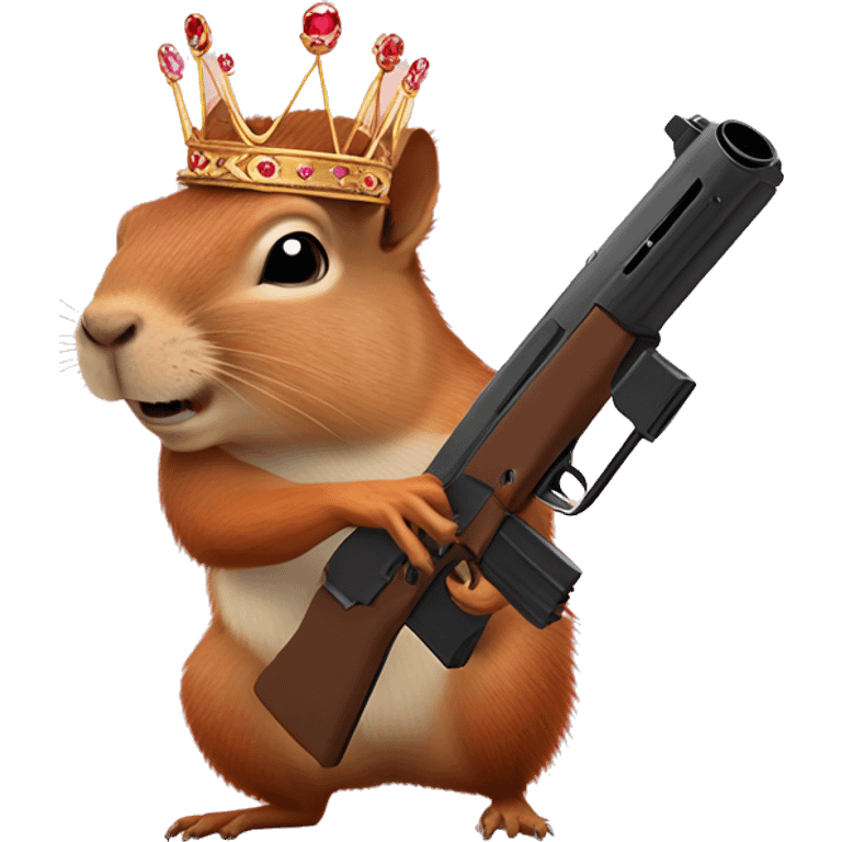 Squirrel with a tiara riding a capybara while shooting hearts out of a gun emoji