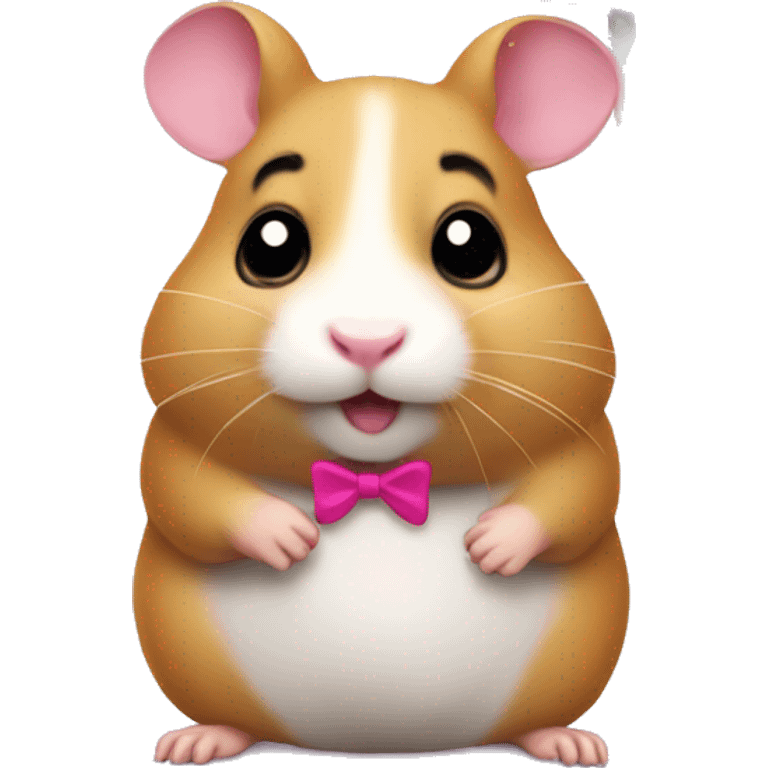 A hamster with a pink bow on its right ear with a sign, signaling that it does not understand emoji