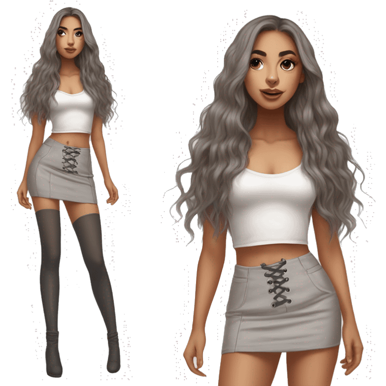 caucasian straight long brown haired, white plush lace up crop top, tight grey mini skirt, hyperrealist drawing emoji