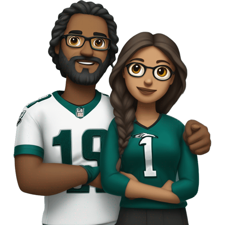 Brown guy with beard mustache and brown girl with glasses and her hair in a bun in Philadelphia eagles clothes holding hands emoji