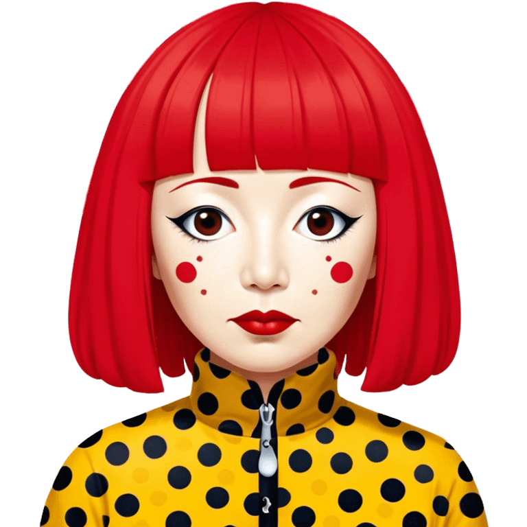 Yayoi Kusama – Cinematic Realistic Portrait of Yayoi Kusama, depicted as an avant-garde artist with an eccentric, captivating expression surrounded by her iconic polka dot patterns, rendered with vivid textures and imaginative lighting that evokes her unique, surreal creative world. emoji