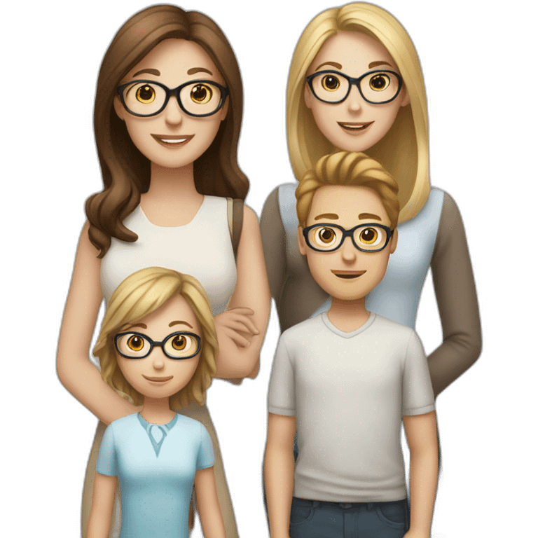 White family of 4, 1 mom with brown hair, 1 boy with Brown hair, 2 girls with glasses and long blond hair emoji