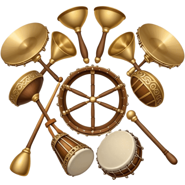 Create a heraldic, festive, and professional emblem-like emoji representing percussion instruments. The design should resemble a traditional crest, featuring a range of percussion instruments like cymbals, triangle, tambourine, maracas, timpani, and other traditional and folk percussion instruments. Arrange them symmetrically, with elements like cymbals crossing each other, a triangle at the center, and timpani or drums flanking the sides. The instruments should be depicted with metallic and wooden tones—shiny brass for cymbals, silver for the triangle, and rich wood or polished bronze for drums. Include ornate details like engraved patterns on the instruments, decorative swirls or laurels, and subtle accents to add elegance and festivity to the composition. The overall design should be cohesive, balanced, and visually striking, suitable for use as a prestigious emblem. The background should be transparent. emoji