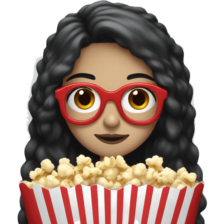 Pale girl with long black hair eating popcorn with red and blue glasses emoji