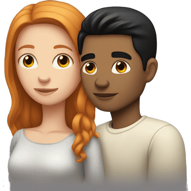 young Man with straight black hair and young ginger woman cuddle emoji