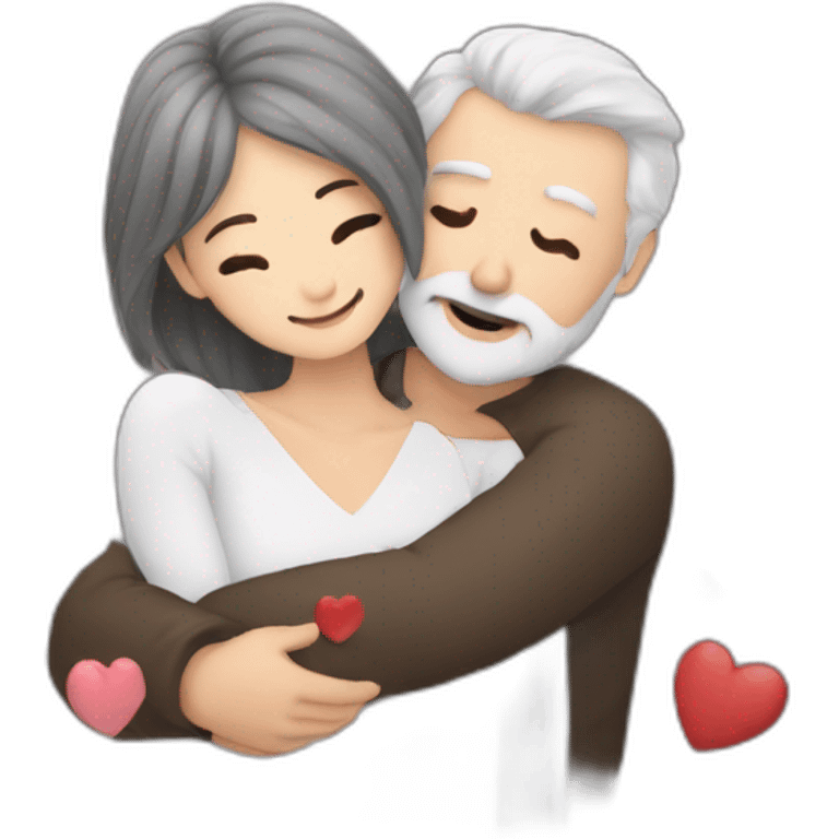 Man with gray hair and white beard hugs woman with dark brown hair with floating hearts emoji