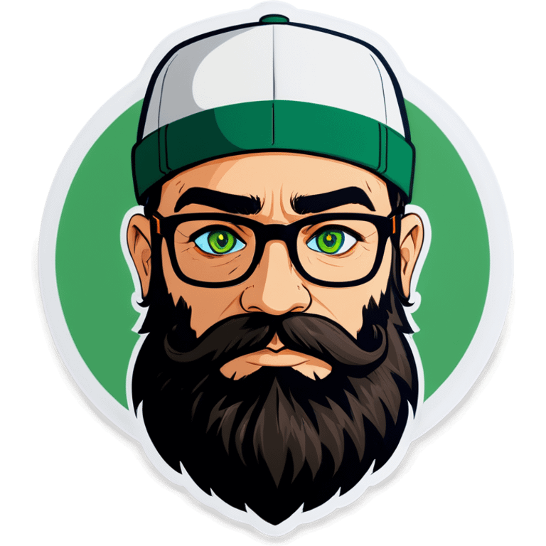 A man with a cap, green eyes, big beard and glasses emoji