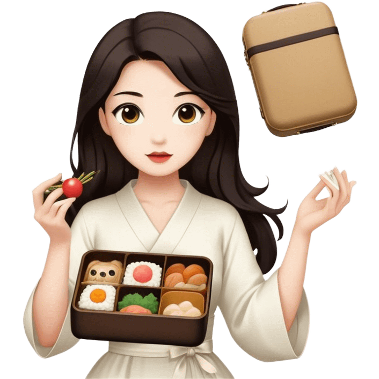 Beautiful woman in 1950’s woman fashion look, white dress, long dark brown hair, Japanese bento emoji