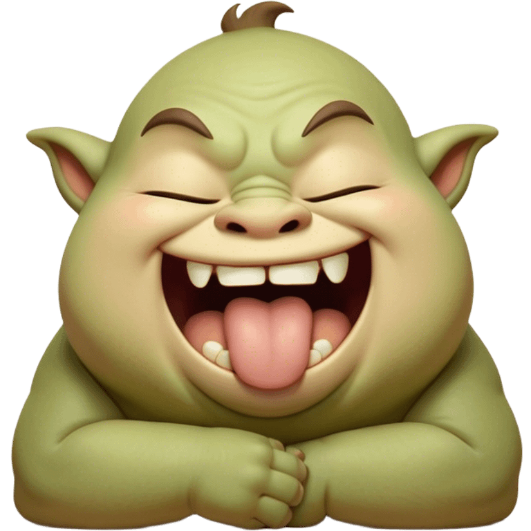 Cinematic Cute Yawning Ogre Portrait Emoji, with a surprisingly cuddly, rotund figure in soft earthy greens and browns, head tilted back in a big, gentle yawn exposing a set of comically oversized teeth, simplified yet irresistibly adorable, highly detailed with a soft glowing outline that captures the sleepy charm of a friendly ogre after a long day of gentle mischief! emoji