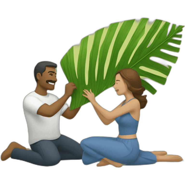 a man is laying and a woman is fanning him with palm leaf emoji