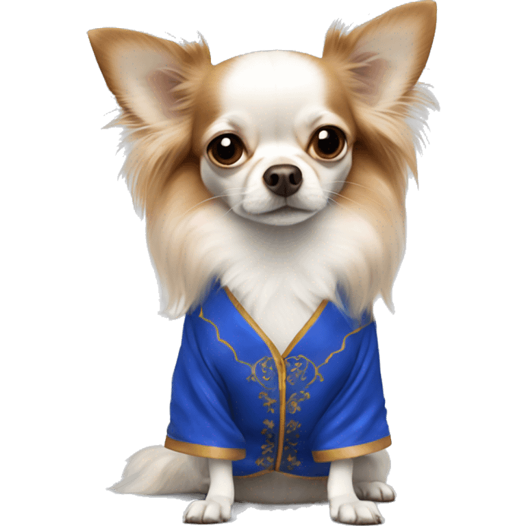 Long-haired white Chihuahua with reddish brown markings wearing royal blue silk pajamas emoji