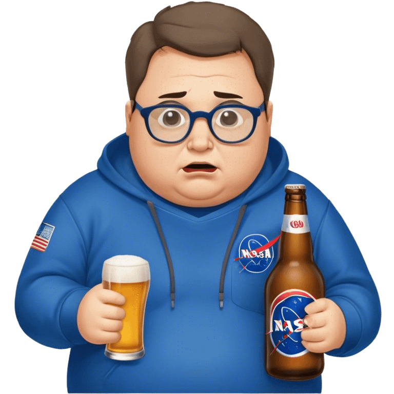  chubby weepy salesperson, beer bottle, complaining, not much hair, blue nasa sweatshirt, with glasses, 40 years old emoji