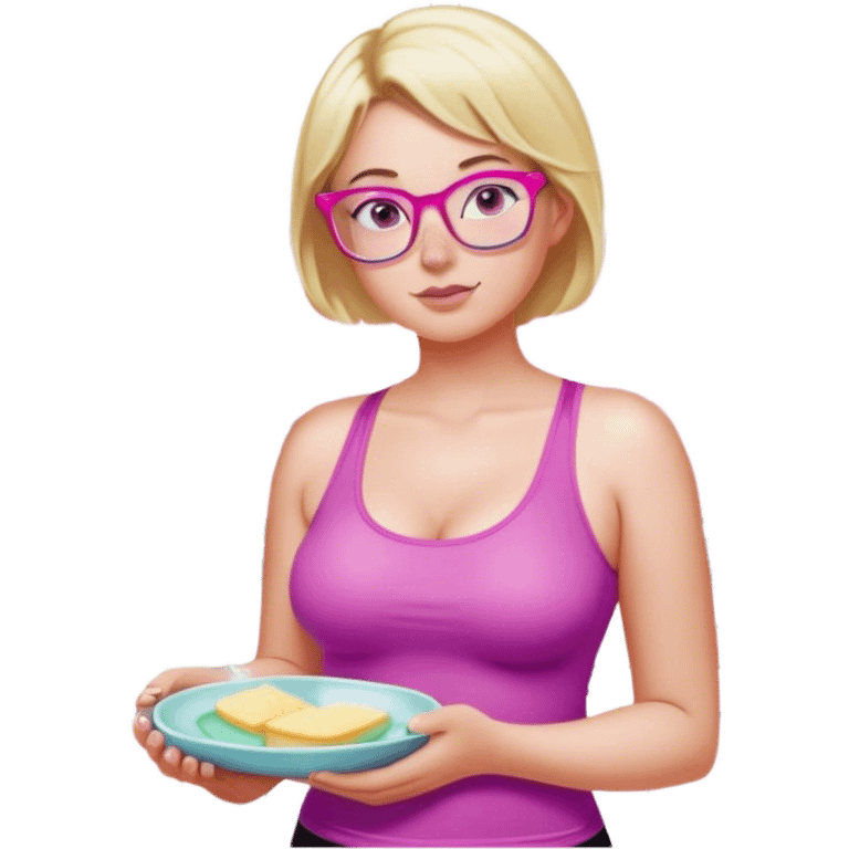 Curvy fair skinned woman, freckled skin, short blond hair, small light purple reading glasses, washing dishes, short flowing sheer hot pink tank top, without undergarments SFW, tight black yoga pants, thick booty emoji