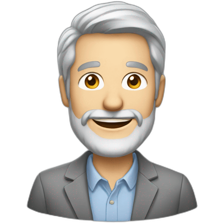 grey haired man, in grey casual suit, grey beard. smiling hard emoji