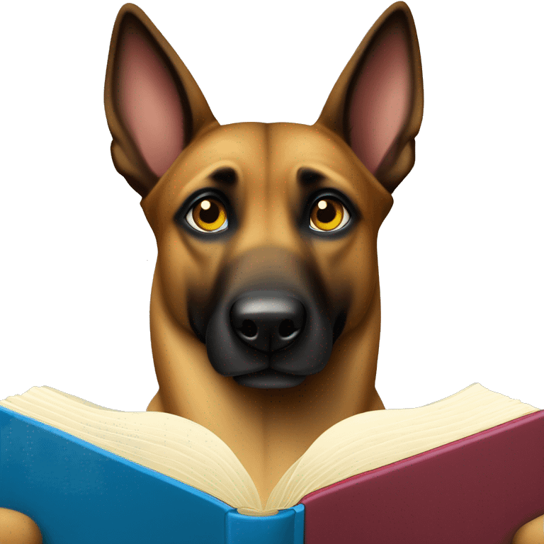 malinois prends des notes avec un livre emoji