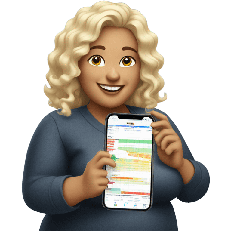 overweight curl blondie woman happy with a smartphone in hands showing charts emoji