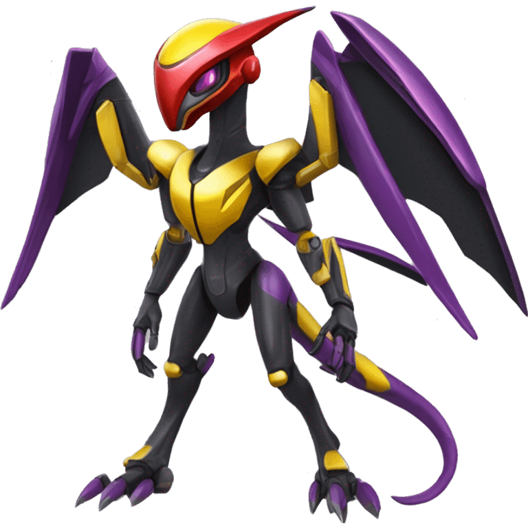 a shiny black-purple-red-yellow Genesect-Flygon-Raptor-Fakémon-Medabot-hybrid with a futuristic visor-helmet full body emoji