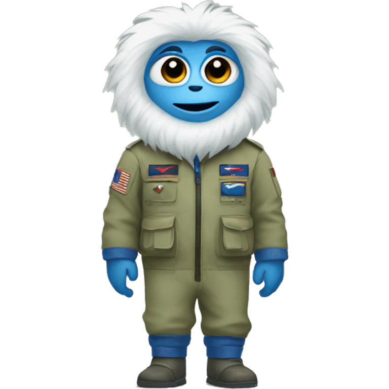 A yeti with big eyes wearing a khaki green flight suit with blue hands and feet emoji