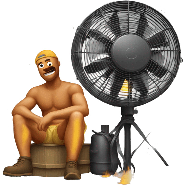 Sun burned man siting next to the blower fan emoji