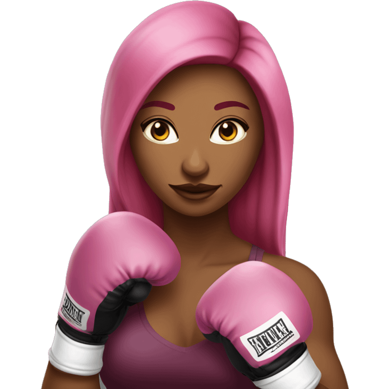 Beautiful tattooed  burgundy long haired woman boxing with pink gloves emoji