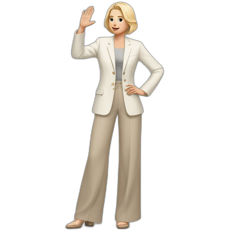 Full height Actively gesturing with hands pale skin woman with ash blonde Straightened bob Hair, White Spacious classical jacket, beige palazzo Arrow pants and gray blouse emoji