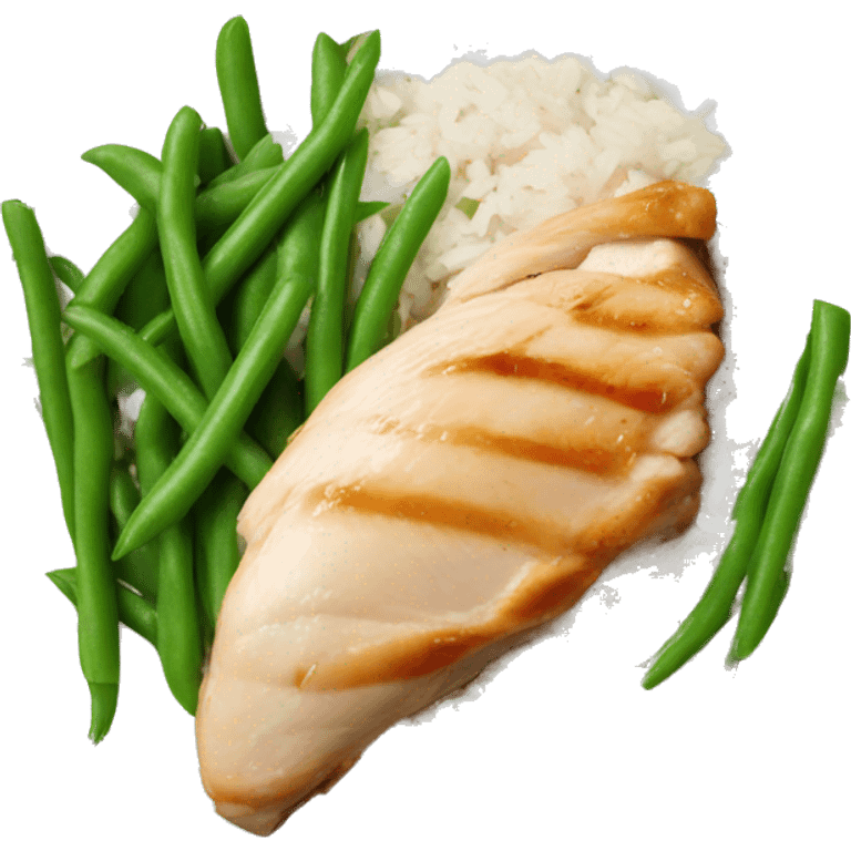 Chicken breast, green beans, and rice on a dinner plate  emoji