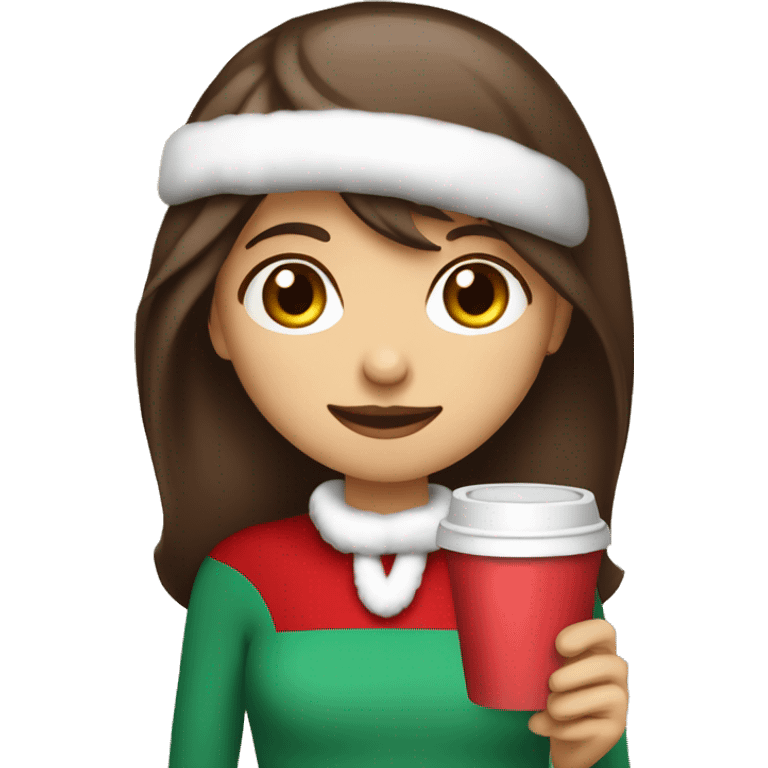 Girl with long brown hair wispy bangs wearing a Santa hat holding a cup of hot chocolate  emoji