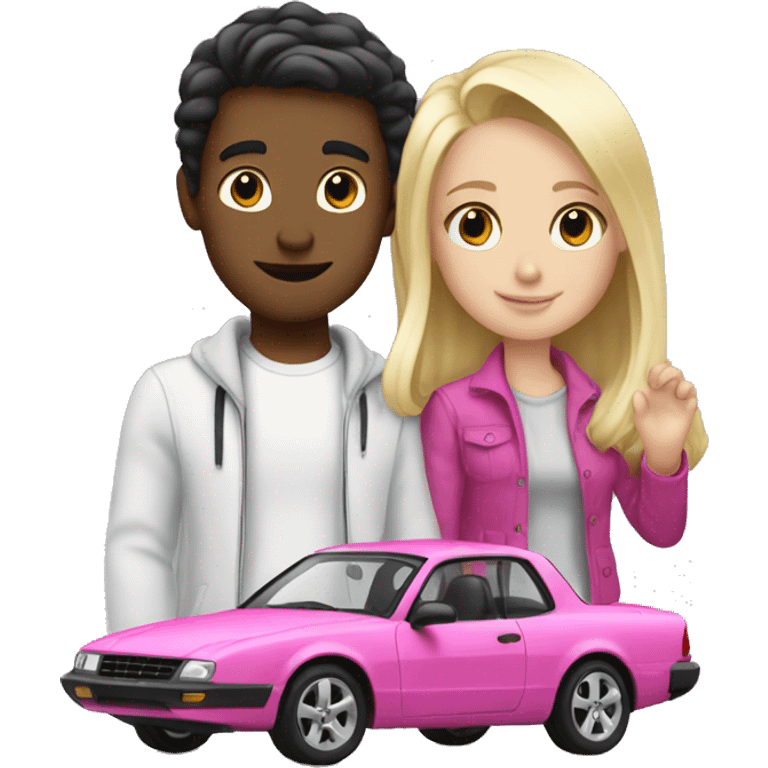 white boy with dark hair buying blonde girl pink car emoji