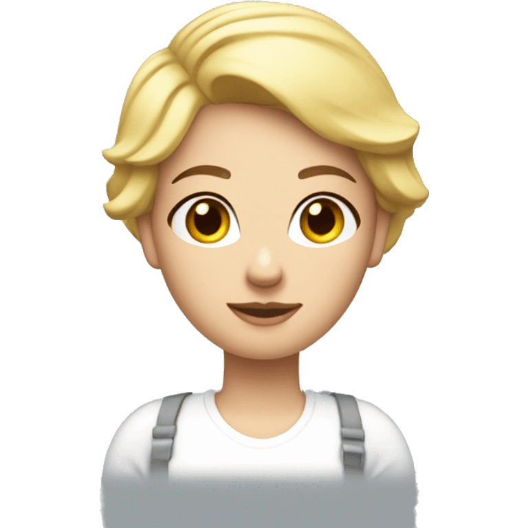 Blond short hair woman with curvy body. White shirt and jeans. Construction helmet on hands emoji